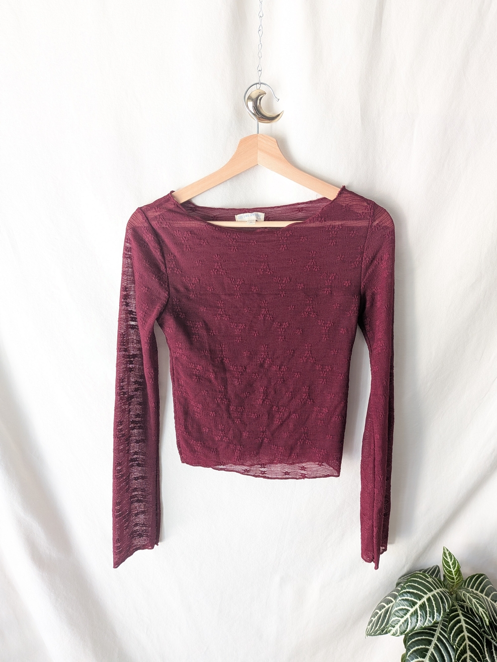 Women's Long Sleeve Sheer Knit Top - Burgundy